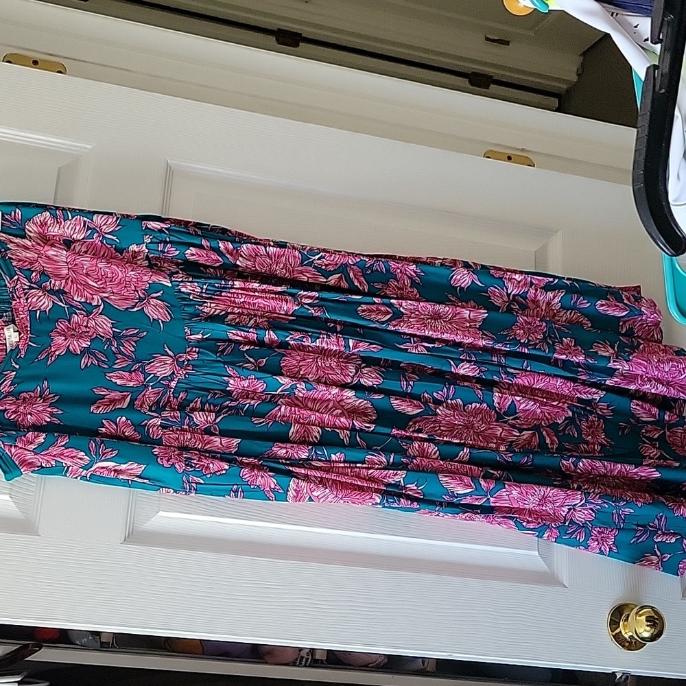 Women's flowy teal blue and pink floral skirt